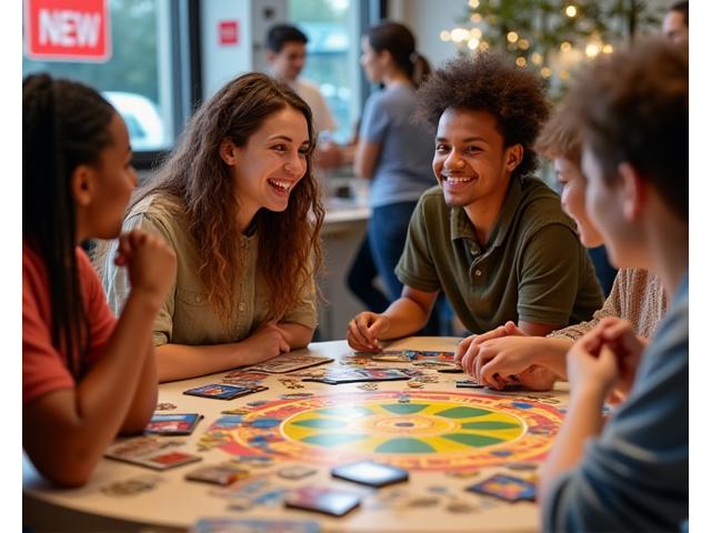 Varias personas riendo y jugando un juego de mesa complejo