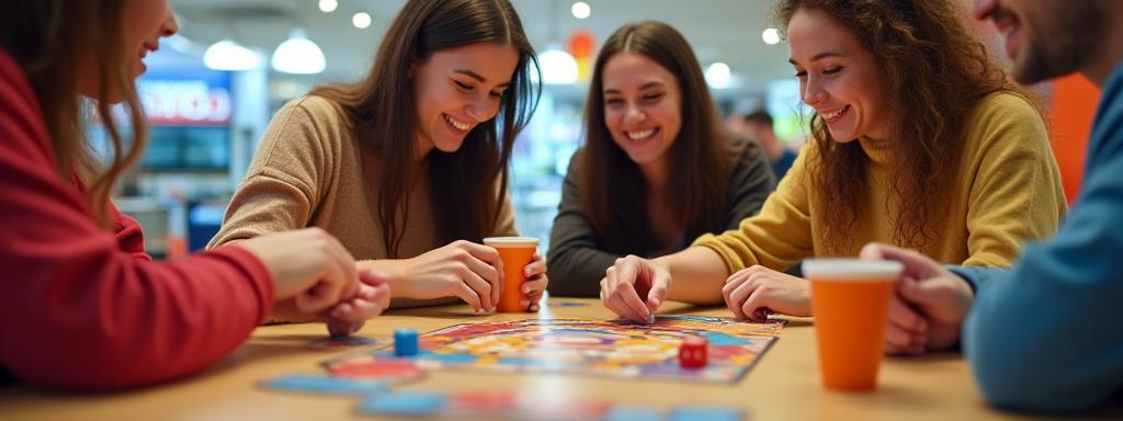 Un grupo diverso de amigos riendo y disfrutando de un juego de mesa en la tienda, con accesorios de juego en la mesa.