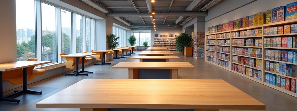 Mesas amplias y bien iluminadas con personas jugando varios juegos de mesa, mostrando un ambiente de comunidad y diversión.