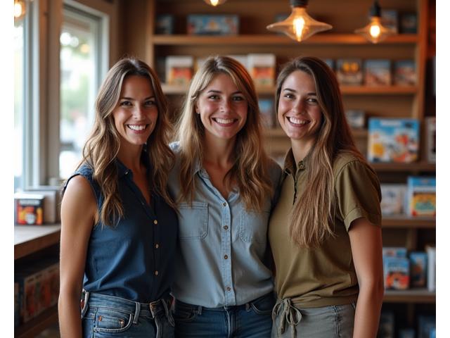 Fundadores de Estrategia Lúdica sonriendo, rodeados de juegos en su tienda acogedora.