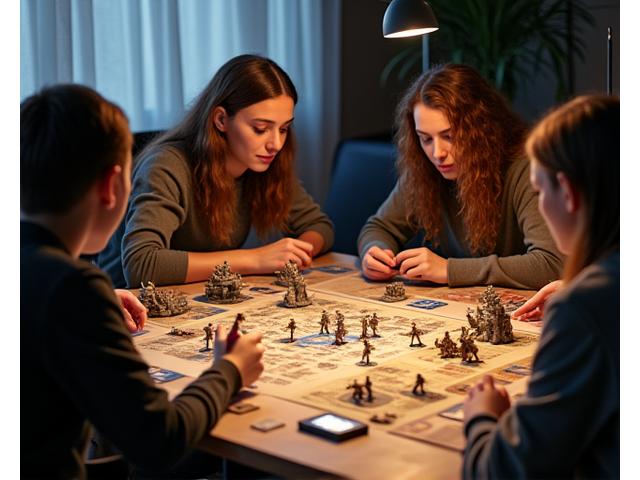 Grupo de personas jugando D&D con dados, miniaturas y mapas sobre una mesa