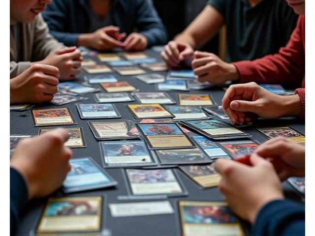 Mesa llena de cartas Magic: The Gathering con jugadores preparando sus mazos