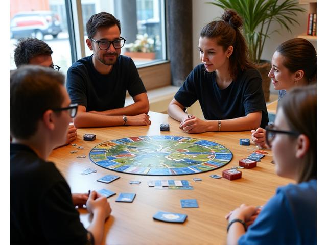 Personas probando un nuevo juego de mesa, con el diseñador explicando las reglas