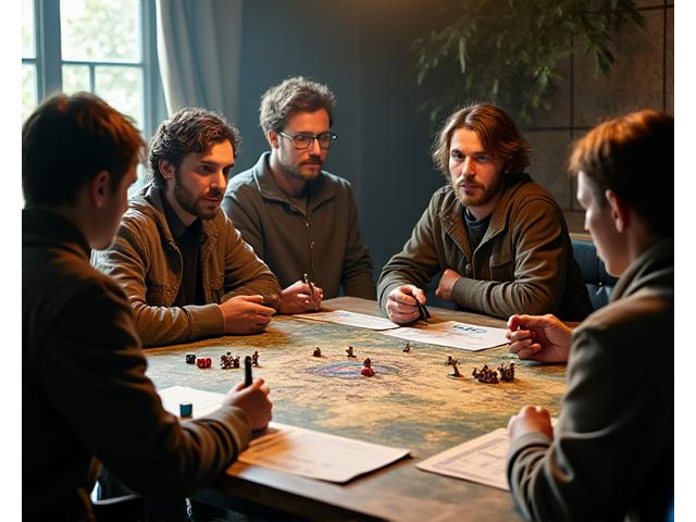 Grupo de personas jugando Dungeons & Dragons con dados y mapas