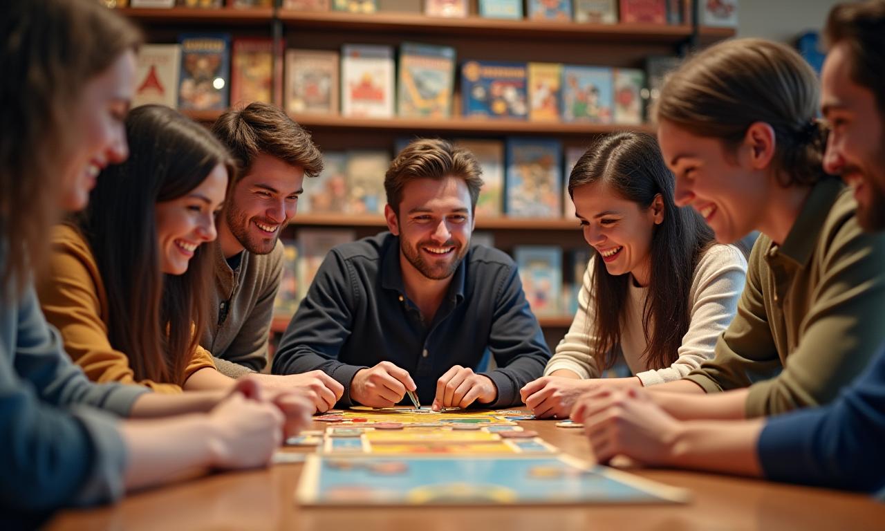 Grupo de amigos sonriendo y jugando un juego de mesa en un ambiente cálido y acogedor