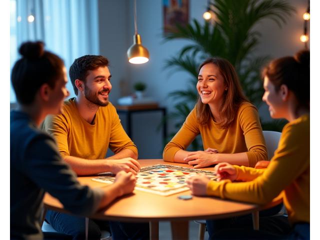 Grupo de personas jugando concentradamente a un complejo juego de mesa